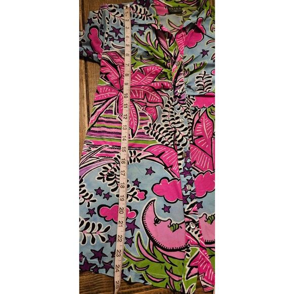 Vintage Y2K Womens Top Small Pink Blue Moon Sky Tropical Ruched Button Up Shirt - Picture 11 of 11